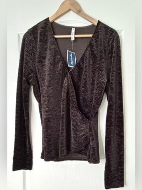 ACOS&A Textured Faux Wrap Surplice V Neck Long Sleeve Top Brown Black Women’s L